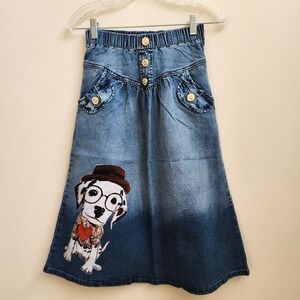 Style J Skirt Women's Size 25 Medium Blue Denim Jean Dog Applique Elastic Waist